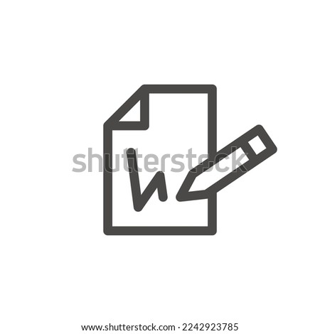 The icon for signing the document. A simple image of a piece of paper and a pen that puts a signature. Linear vector on a white background.