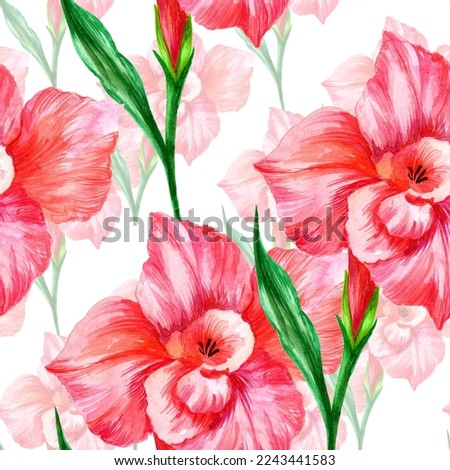 Watercolor pink gladiolus in a seamless pattern. Can be used as fabric, wallpaper, wrap.
