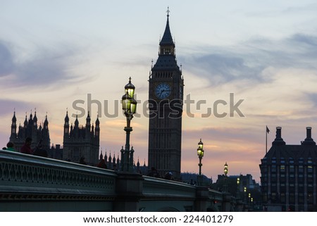 Houses of Parliament and Big Ben at sunset, London UK 