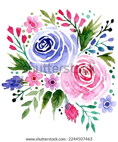 Loose watercolor floral roses in purple and pink in an arrangement with blossoms and leaves. Illustration for design, print or background.