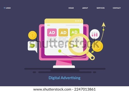 Digital advertising strategy, Online advertising network, distributing promotional content through online advertising network - vector landing page template