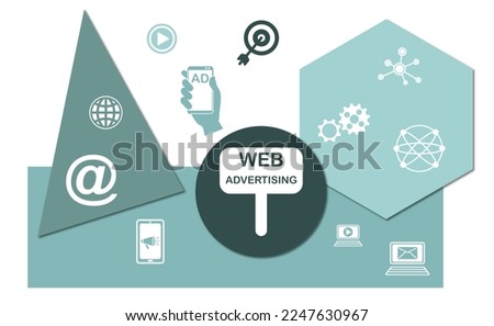 Concept of web advertising with icons on geometric shapes background