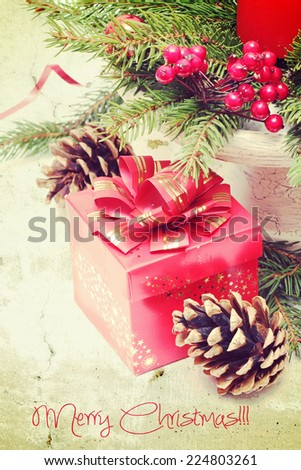 christmas decoration with red gift box in old style