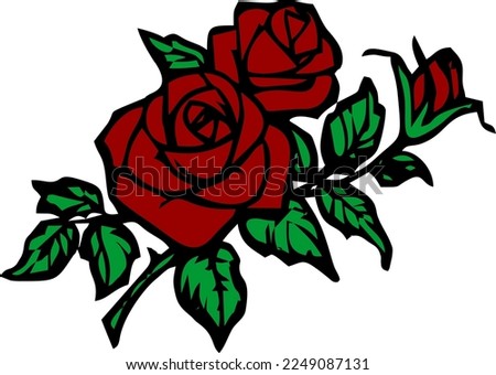 color drawing of a branch of a blooming red rose with a black outline on a white background, logo, decor