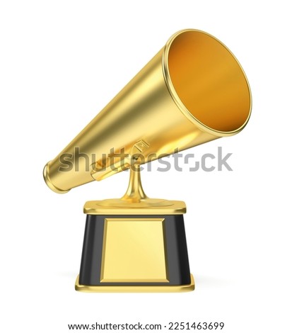 Retro megaphone gold trophy on white background, front view. 3D illustration