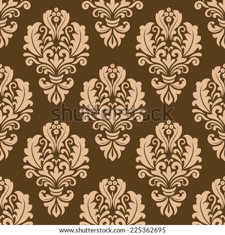 Seamless arabesque pattern with repeat floral motifs on a brown background in square format suitable for print textiles or wallpaper