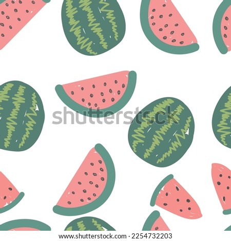 watermelon slices and doodles vector seamless pattern. hand drawn. illustration for wallpaper, wrapping paper, textile, background. red juicy summer fruit