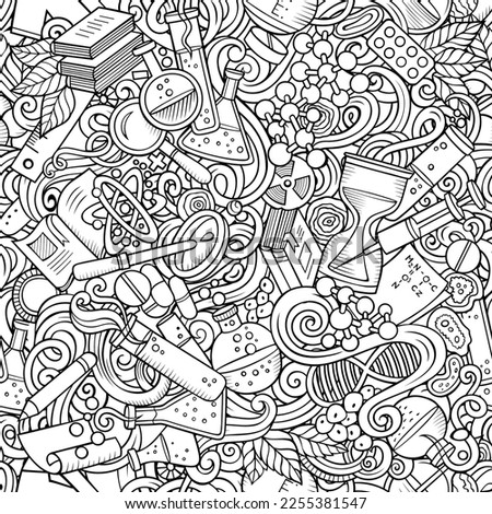 Science hand drawn doodles seamless pattern. Lab equipment background. Cartoon medical coloring design. Sketchy raster illustration