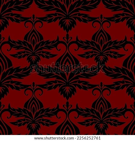 seamless symmetrical pattern of abstract black elements on a burgundy background, texture, design