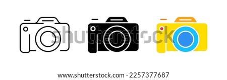 Camera line icon. Photo, film, camera lens, tripod, cinema, video, filming, color correction, photo processing, exposure, contrast. Vector icon in line, black and colorful style on white background