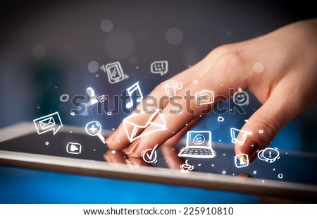 Hand touching tablet pc, social media concept