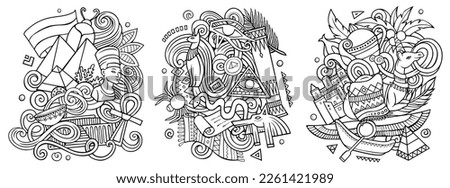 Egypt cartoon vector doodle designs set. Colorful detailed compositions with lot of Egyptian objects and symbols. Isolated on white illustrations