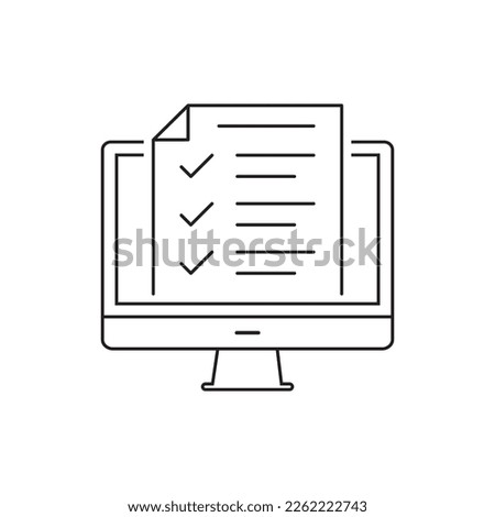 Desktop computer with digital questionnaire flat line icon. Vector thin sign of online test result, education logo. Survey outline illustration