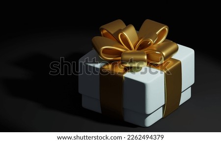 White shiny gift with a big golden bow on a dark background. 3d rendering