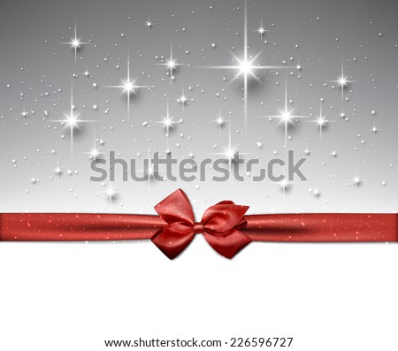 Shiny silver starry christmas background with red bow. Vector Illustration.