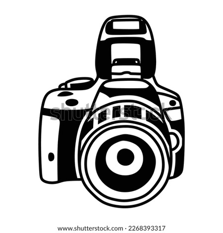 camera logo, flash open, with standard lens, line art