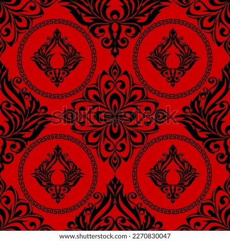 seamless graphic pattern, tile with abstract geometric black ornament on red background, texture, design