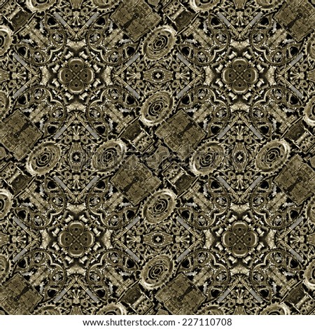 Digital photo collage and manipulation technique steam punk style background pattern in high contrast and brown tones.