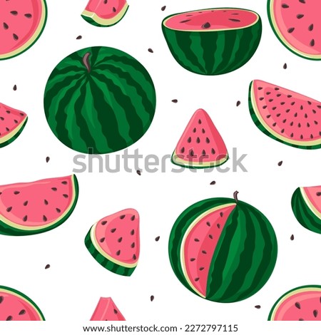 Seamless pattern with watermelons, whole, half and slices. Modern print for fabric, textiles, wrapping paper. Vector illustration