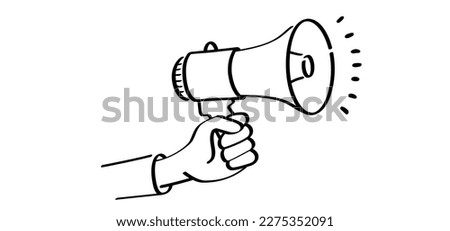 Cartoon megaphone, microphone to speak message symbol or logo. loudspeaker, microfoon pictogram. Horn, announcing for atention talk. Megaphone amplifier. Drawing talking news or for protest. Bullhorn.