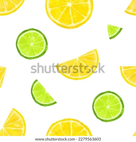 Citrus pattern. Slices of lemon and lime isolated on white background. Seamless design. Hand drawn illustration