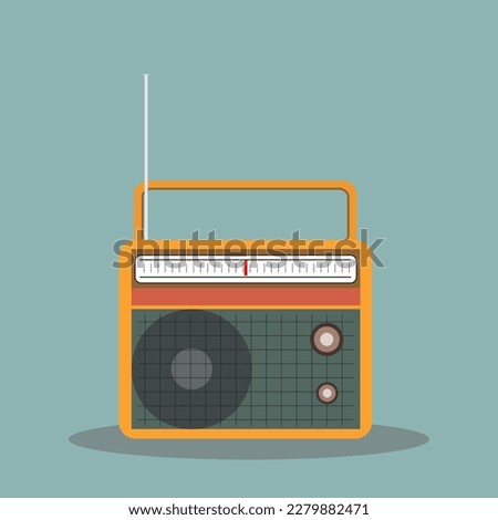 flat vector illustration of an orange retro radio with an antenna on a bright background. Suitable for icons, stickers, podcast covers. eps10