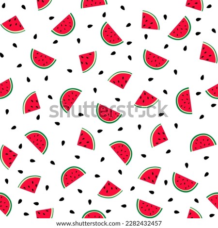 Seamless pattern with red watermelon slices and seeds on a white background in a flat style. Ideal for print, wrapping paper, wallpaper, fabric, design.