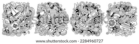 Marine cartoon vector doodle designs set. Line art detailed compositions with lot of maritime objects and symbols