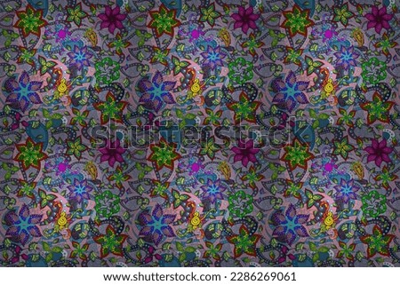 Flowers on blue, purple and neutral colors in watercolor style. Seamless Floral Pattern in Raster illustration.