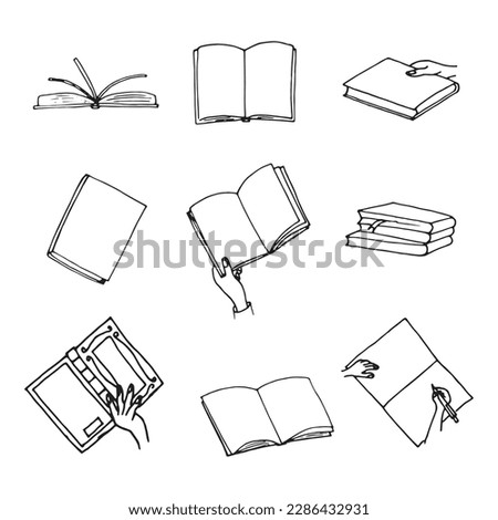 Black and white doodle illustration. A set of books from different angles. Book in hand. Notes in a notebook.
