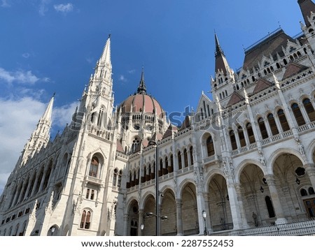 Hungarian Parliament building exterior view. September.