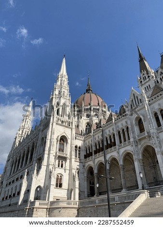 Hungarian Parliament building exterior view. September.