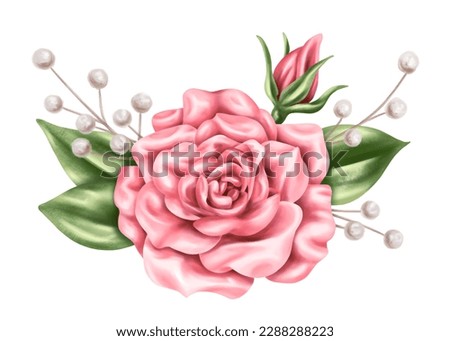 An elegant composition of pink roses, leaves and dried decorative flowers in watercolor style. Digital illustration on a white background. For invitations, date saving, gratitude or greeting card.