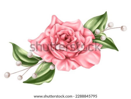 An elegant composition of pink roses, leaves and dried decorative flowers in watercolor style. Digital illustration on a white background. For invitations, date saving, gratitude or greeting card.