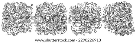 Space cartoon vector doodle designs set. Sketchy detailed compositions with lot of cosmic objects and symbols.