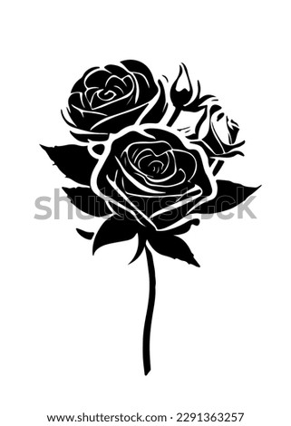 Rose branch with three flowers and a bud. Also good for tattoo. Bitmap monochrome image with high details isolated on white background