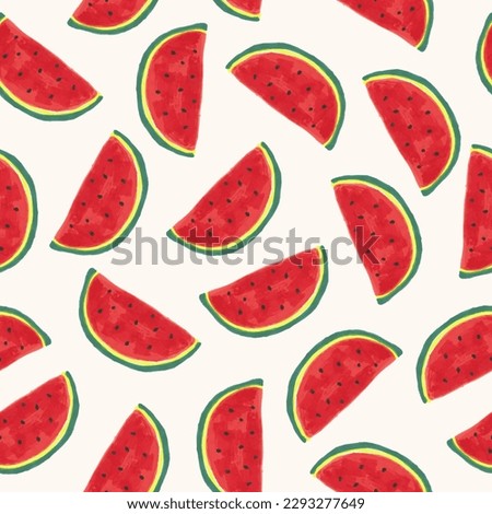 Watermelon slice seamless pattern. Hand drawn  illustration watercolor splashes, isolated background. Vegetarian eco food product, organic, vegan nutrition. For menu cover design, print, poster.