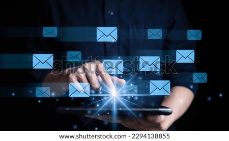 Businessman sending email by smartphone or tablet to customer, business contact and communication, email icon send e-mail or newsletter, online working internet network. Email Marketing concept,
