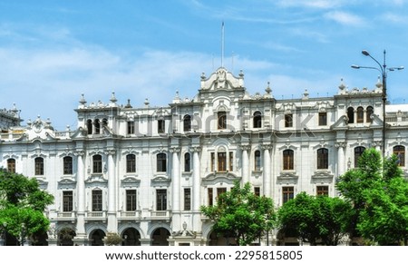 shot of historical colonial style buildings surrounding the Plaza San Martin in Lima, Peru