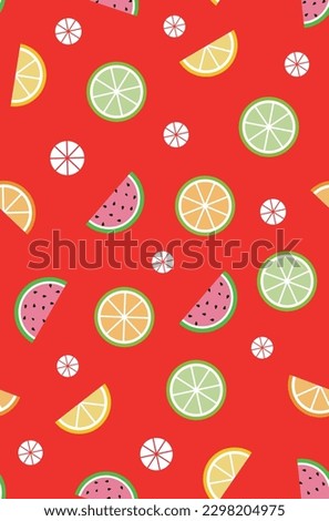 Colorful vector illustration of pattern with tropical fruits, lemon, orange and watermelon. Art in graphic and childish style.