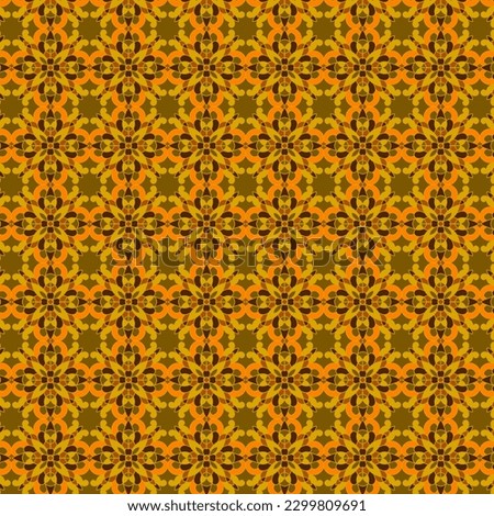 Abstract geometric floral fabric and paper pattern Autumn muted yellow orange brown mosaic motifs on a dark olive background 