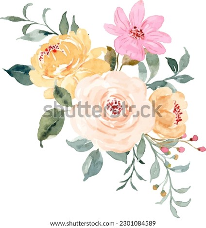 Yellow pink floral watercolor bouquet for background, wedding, fabric, textile, greeting, card, wallpaper, banner, sticker, decoration etc.