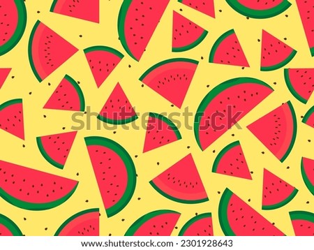 Seamless pattern with watermelon slices on a yellow background. Watermelon with seeds. Tropical summer background. Design for wallpaper, print on paper, advertising materials. Vector illustration