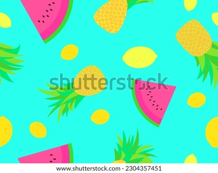 Seamless pattern with pineapple, lemon and watermelon in a minimalist style. A slice of watermelon with seeds. Design for printing on fabric, paper and banners. Vector illustration