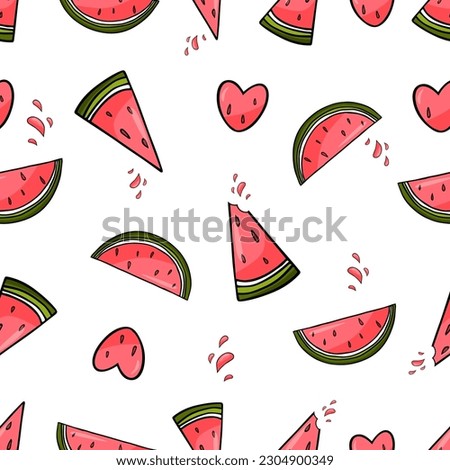 Cute summer seamless pattern with watermelon, watermelon slices and watermelon hearts. Great for menu design, packaging, banners or advertising. Vector illustration EPS10. isolated on white background