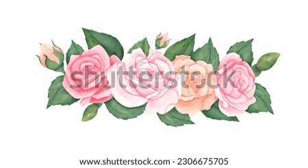 Watercolor pink peach Roses and green leaves. Hand drawn illustration for greeting cards or wedding invitations on isolated background.