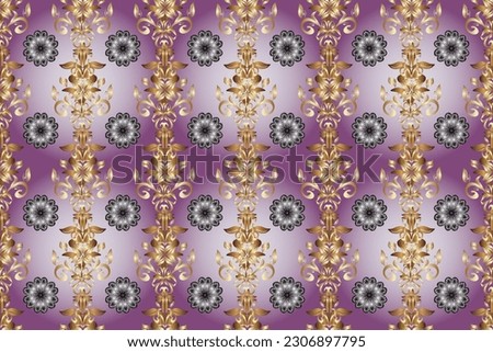 Ornate raster decoration. Golden element on purple, neutral and gray colors. Vintage baroque floral seamless pattern in gold over purple, neutral and gray. Luxury, royal and Victorian concept.