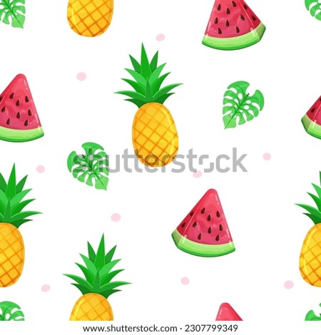 Colorful seamless summer pattern with watermelon slice, pineapple, green leaves. Fashion print design, vector.