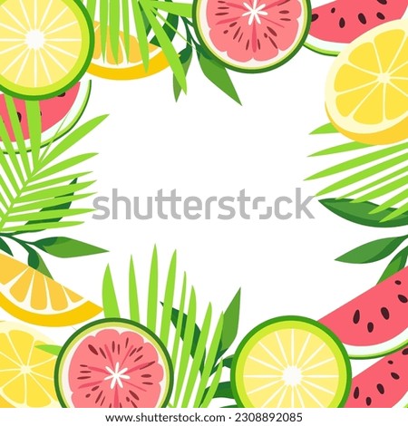 Colorful summer fruit border with palm leaves. A watermelon, lemon, lime, and palm leaf border.