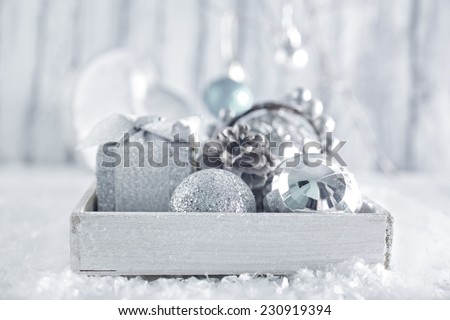 christmas decoration in box and on a table
